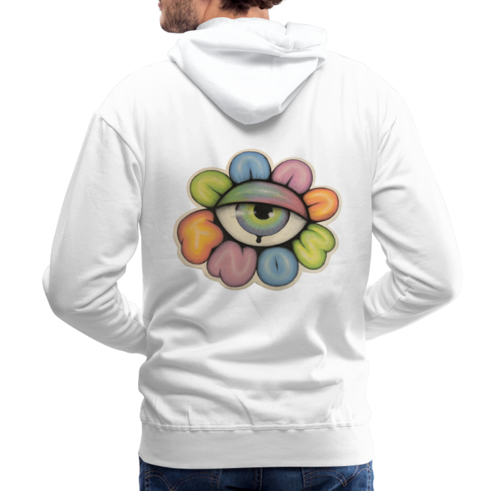 Eye Know back - white with eye know flower